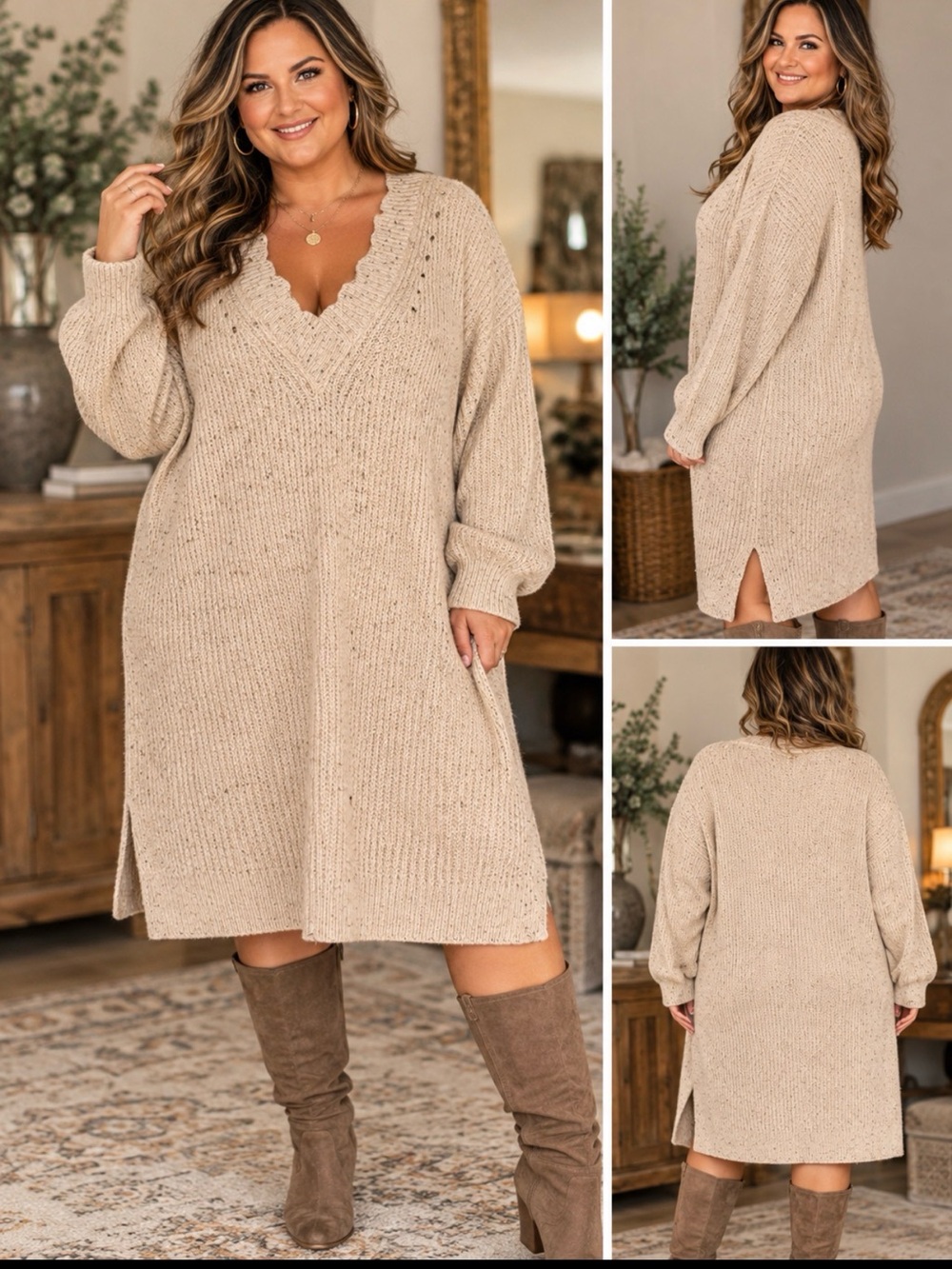 Cozy V-Neck Knit Sweater Dress in Beige